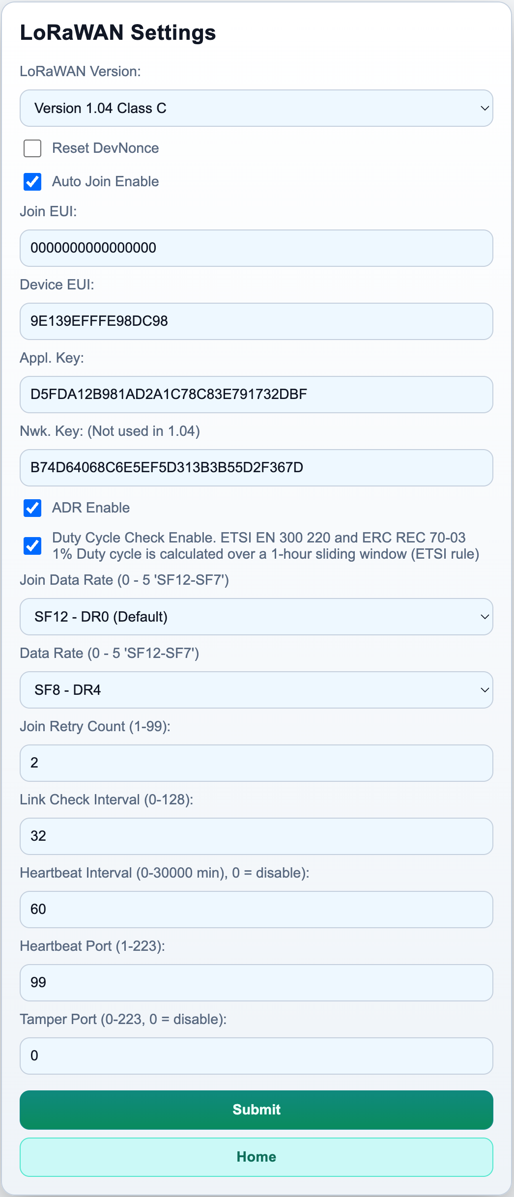 LoRaWAN settings page screenshot