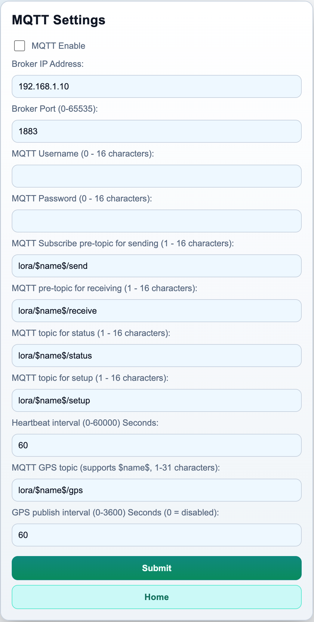 MQTT settings page screenshot